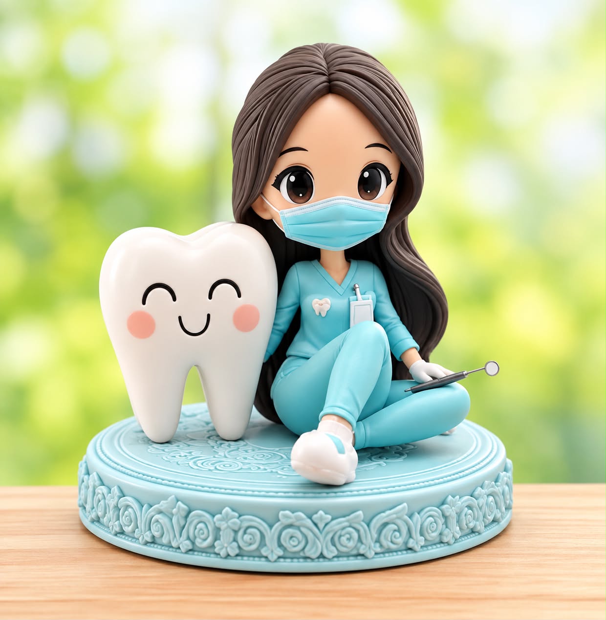 Ilustración de la mascota de Sonrisas Sanas: una dentista junto a un diente sonriente